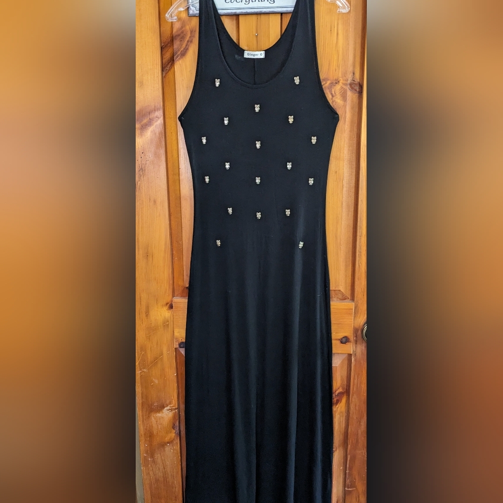 GINGER G* black sleeveless maxi dress w owl studding on front upper plain back